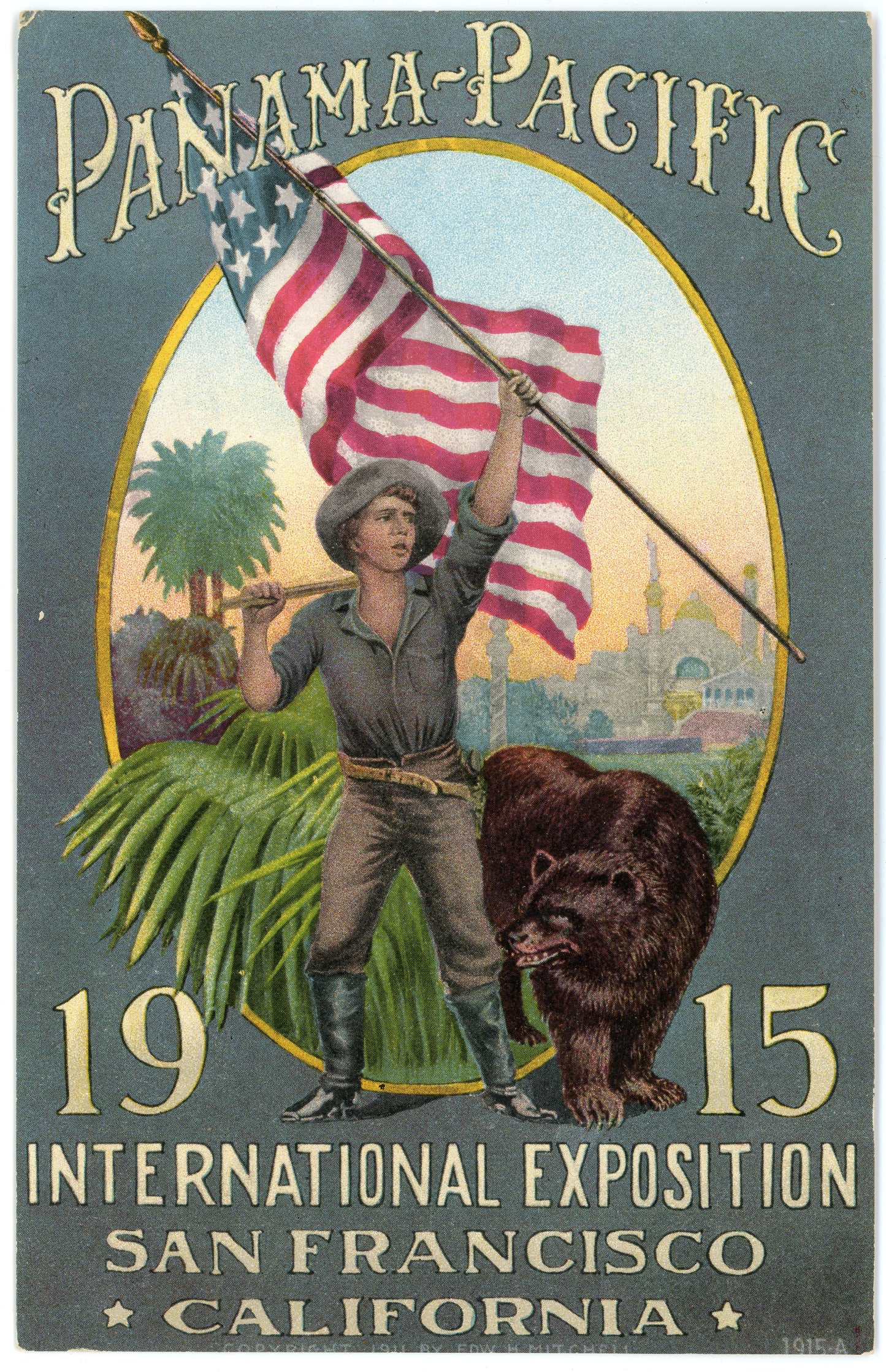 Panama-Pacific Expo San Francisco CA 1915 Man holding US flag and bear in foreground