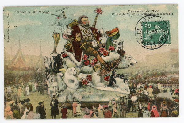 Vintage Wall Art Canvas - 38th Carnaval de Nice: Explorer Riding Polar Bear (Mailed 02-01-1904)