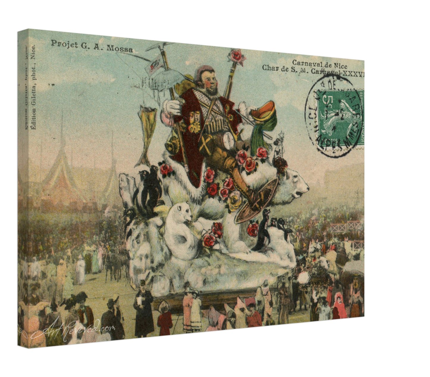 Vintage Wall Art Canvas - 38th Carnaval de Nice: Explorer Riding Polar Bear (Mailed 02-01-1904)