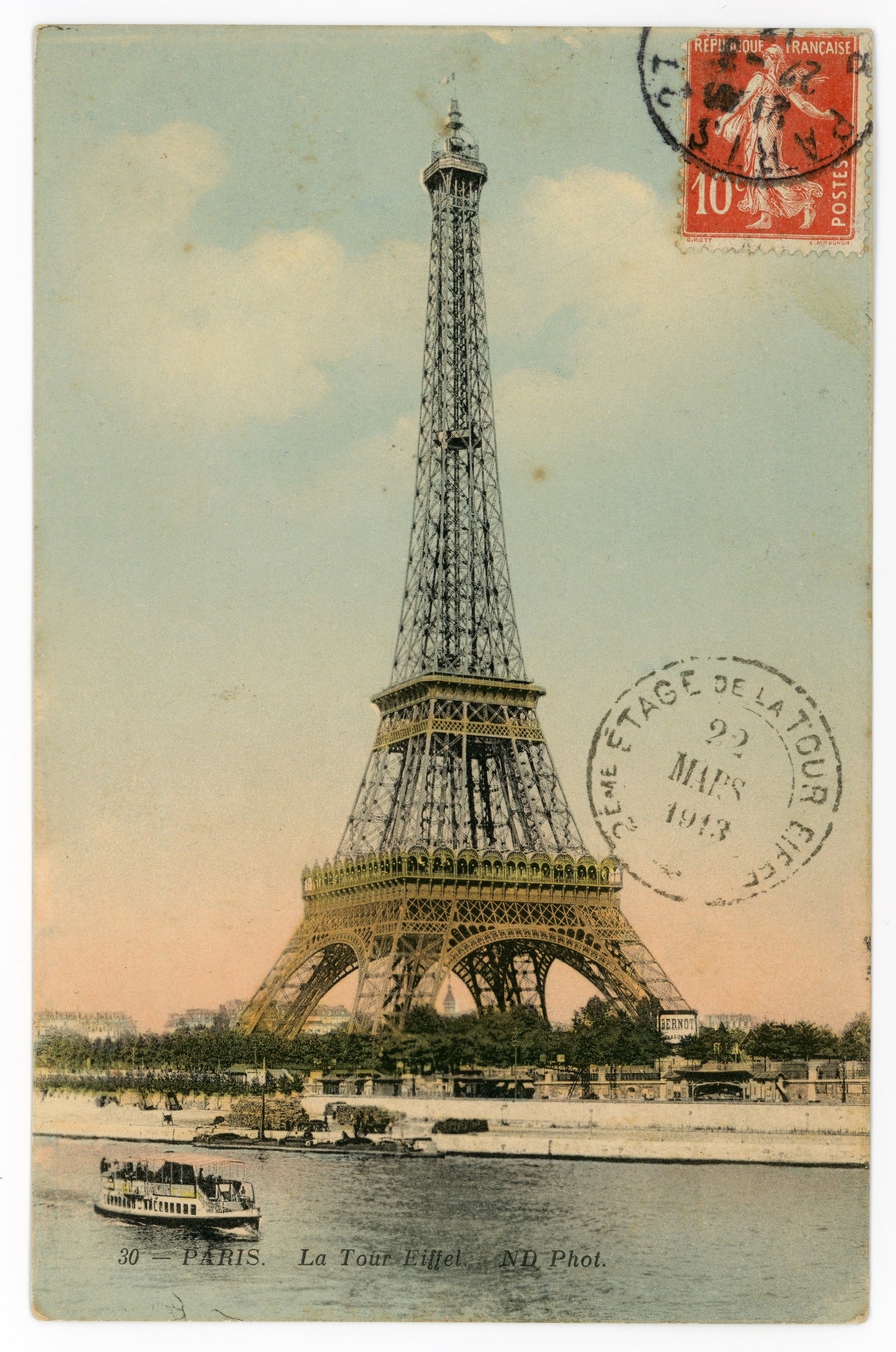 Vintage Eiffel Tower Wall Art Canvas: Lithograph with River Seine (03-22-1913)