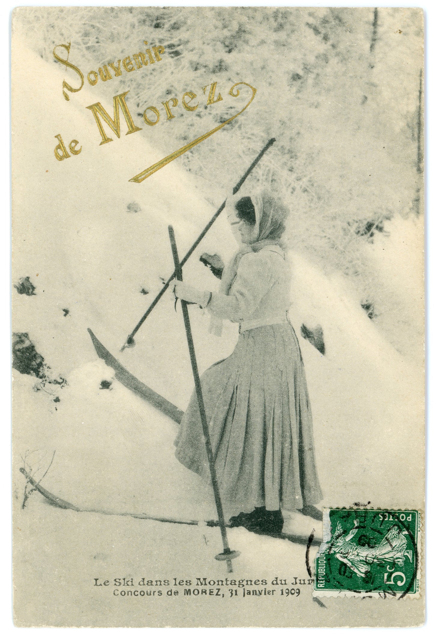 Vintage Souvenir de Morez Woman Skiing Wall Art Canvas (Mailed 05-18-1899)