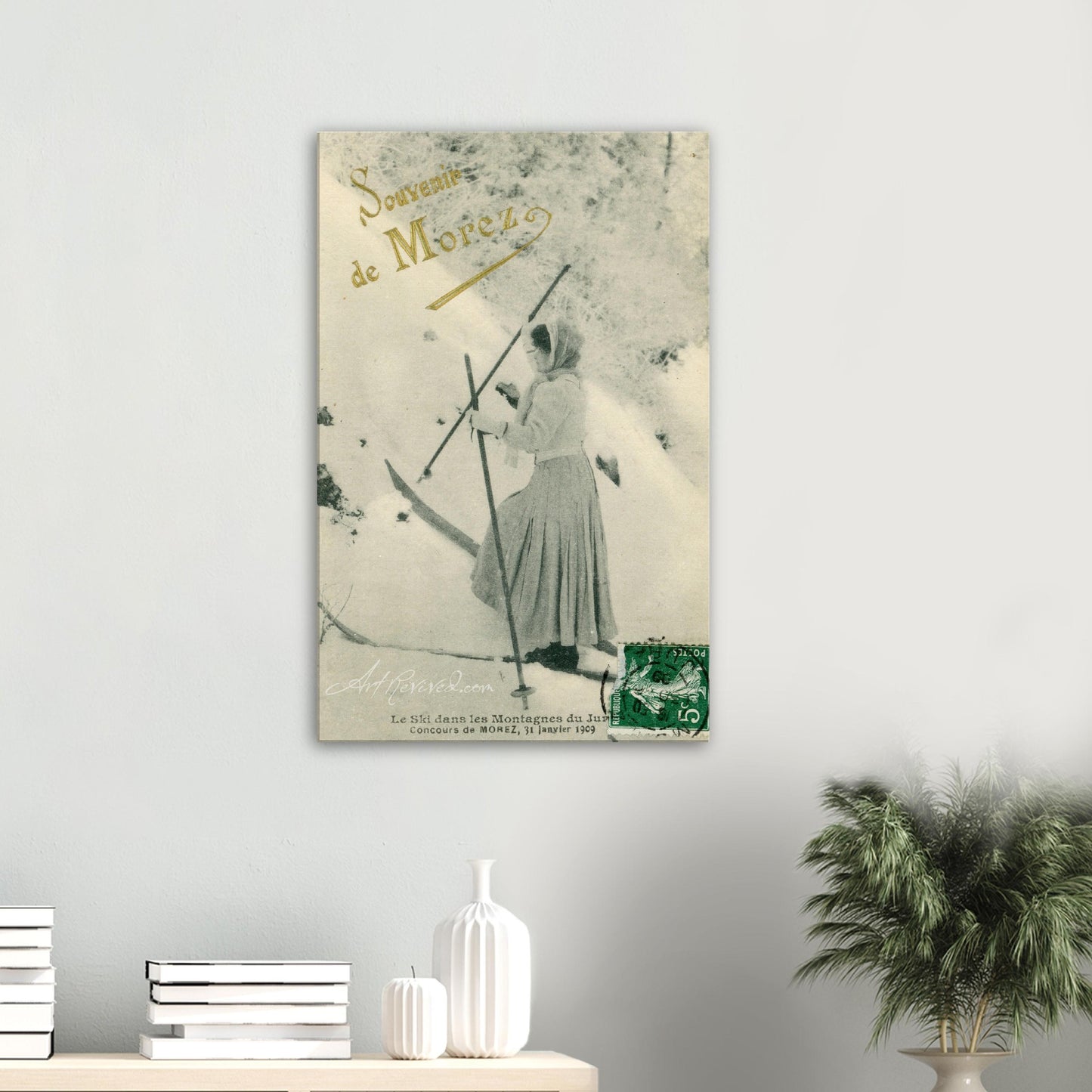 Vintage Souvenir de Morez Woman Skiing Wall Art Canvas (Mailed 05-18-1899)