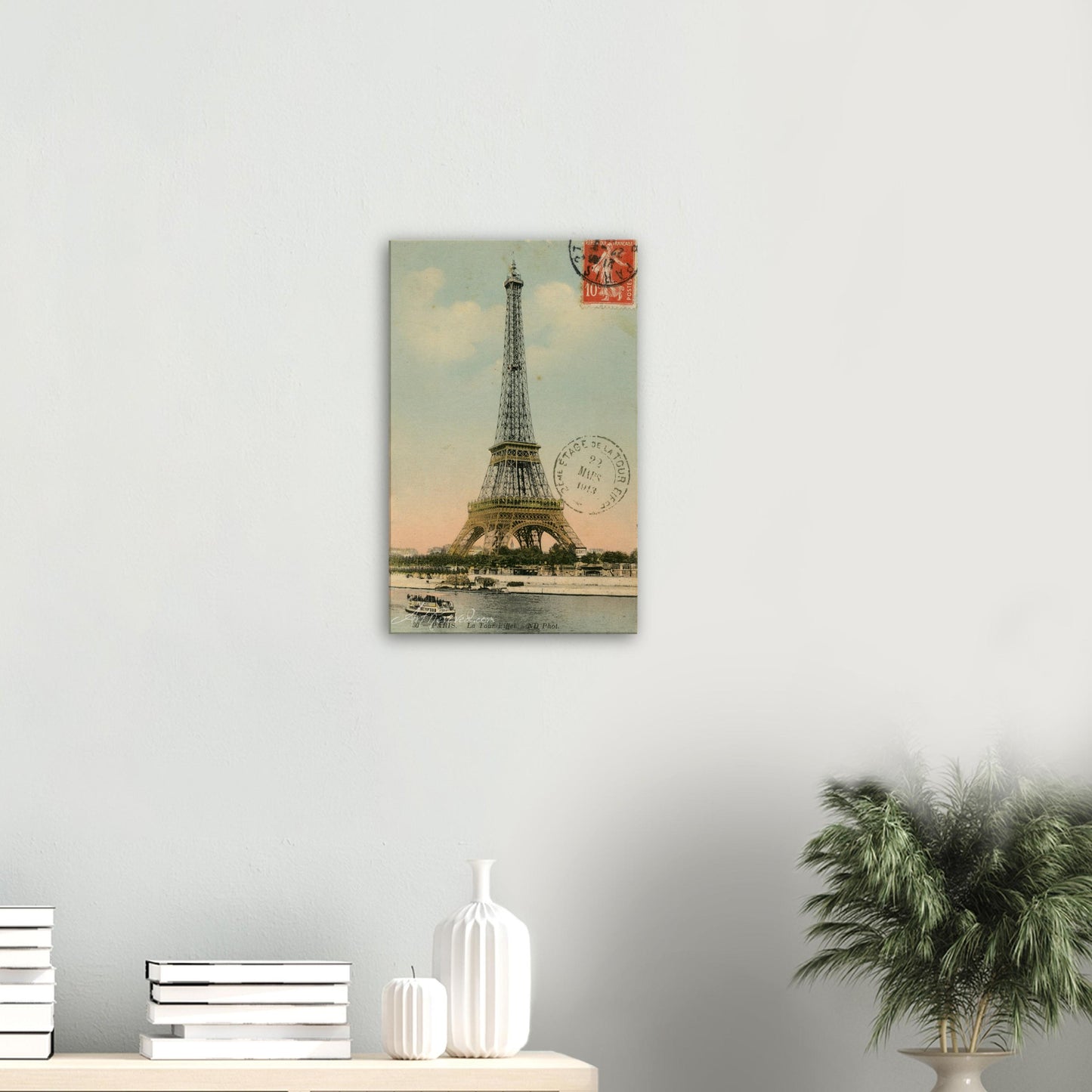 Vintage Eiffel Tower Wall Art Canvas: Lithograph with River Seine (03-22-1913)