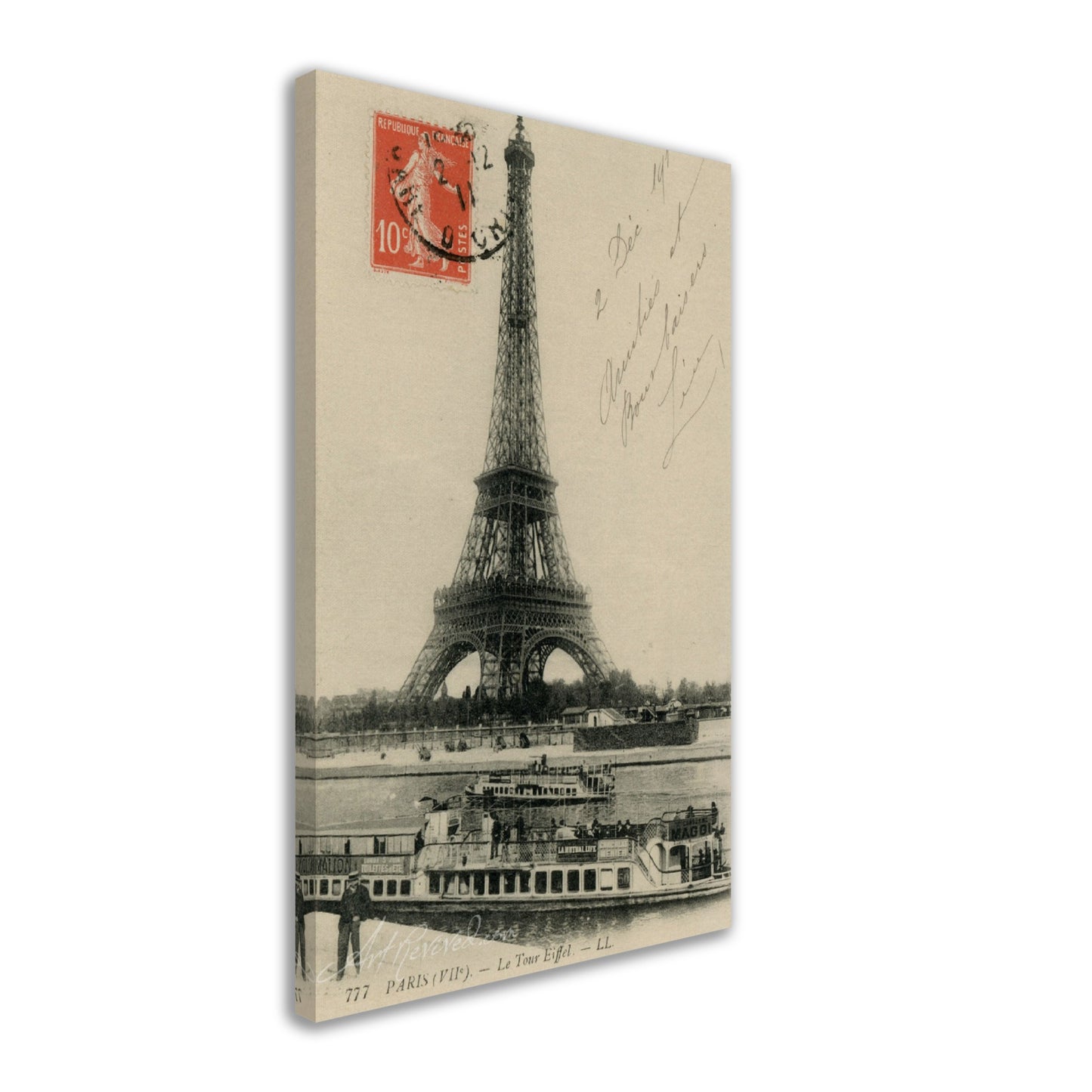 Vintage Eiffel Tower Wall Art Canvas: River Seine & Bateaux-Mouche (12-02-1911)