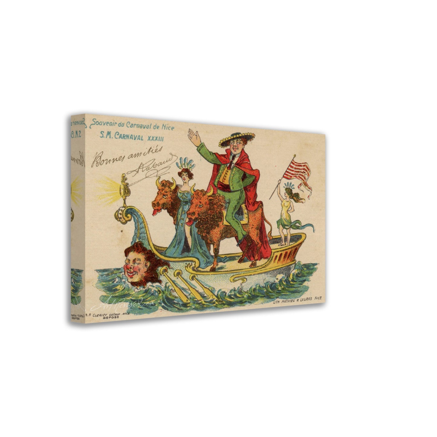 Vintage Wall Art Canvas - 33rd Carnaval de Nice: Man Riding Two Steers (Mailed 03-29-1905)