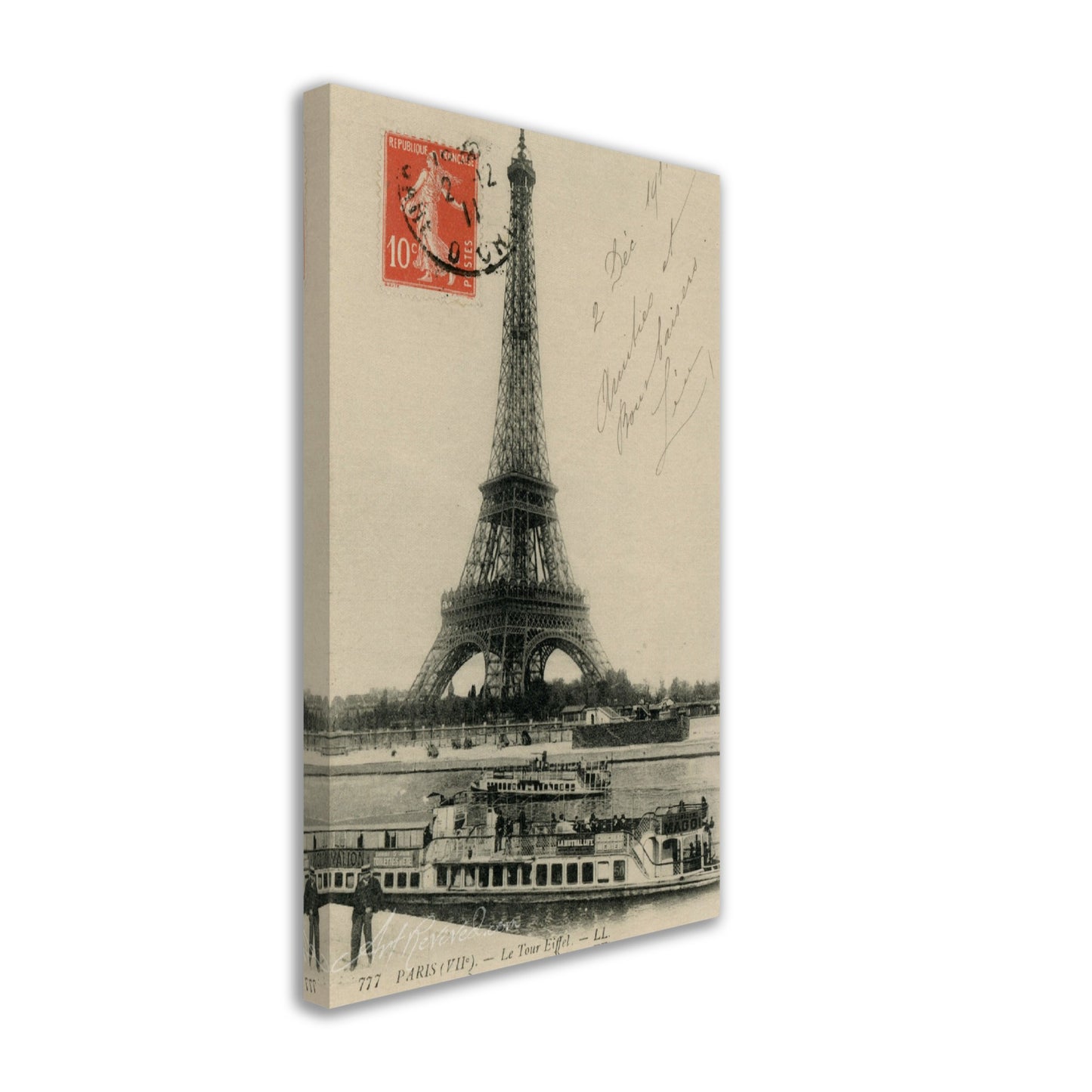 Vintage Eiffel Tower Wall Art Canvas: River Seine & Bateaux-Mouche (12-02-1911)