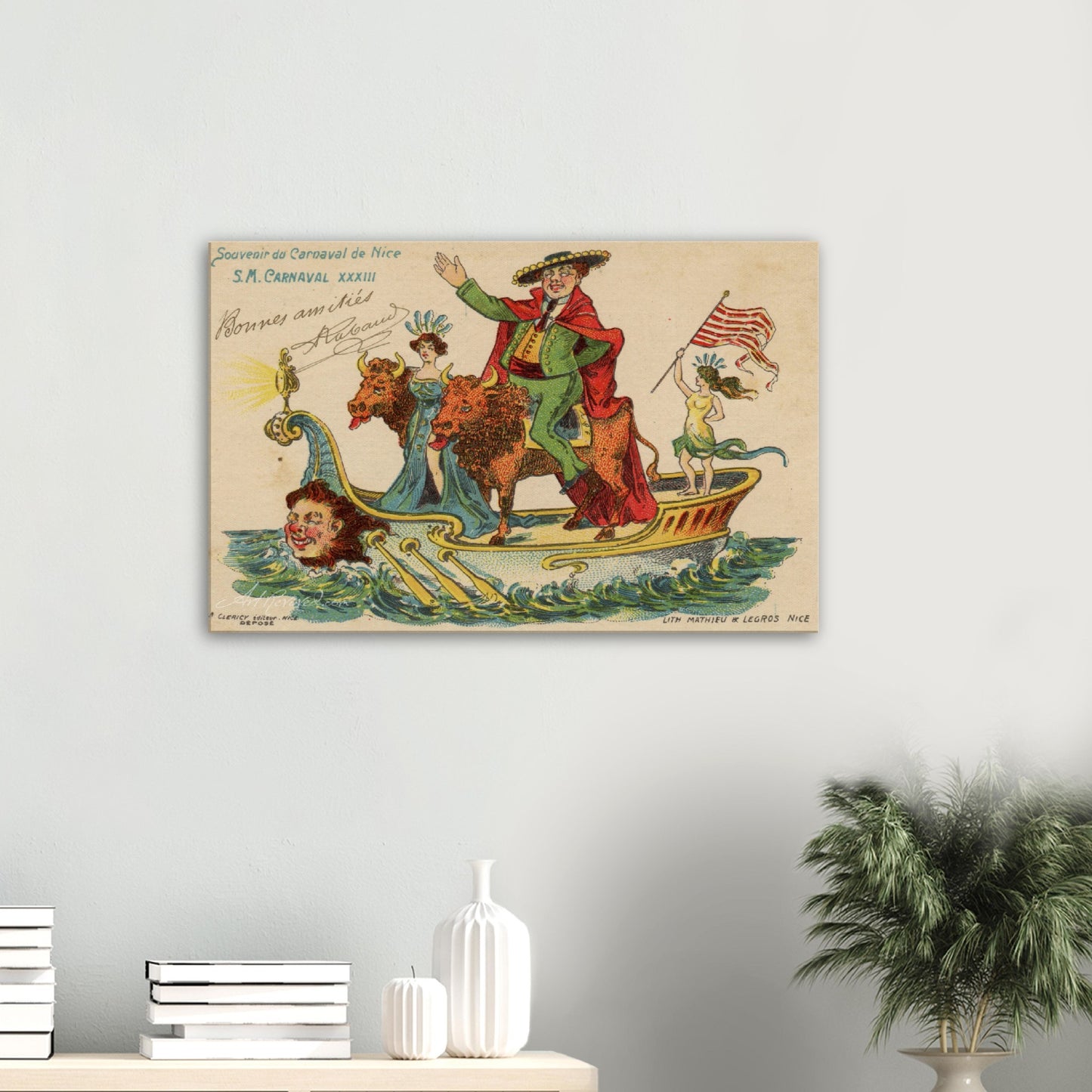 Vintage Wall Art Canvas - 33rd Carnaval de Nice: Man Riding Two Steers (Mailed 03-29-1905)