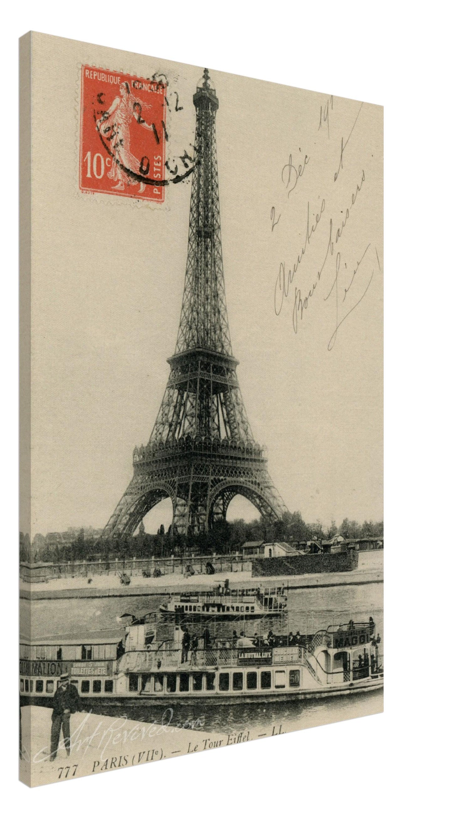 Vintage Eiffel Tower Wall Art Canvas: River Seine & Bateaux-Mouche (12-02-1911)