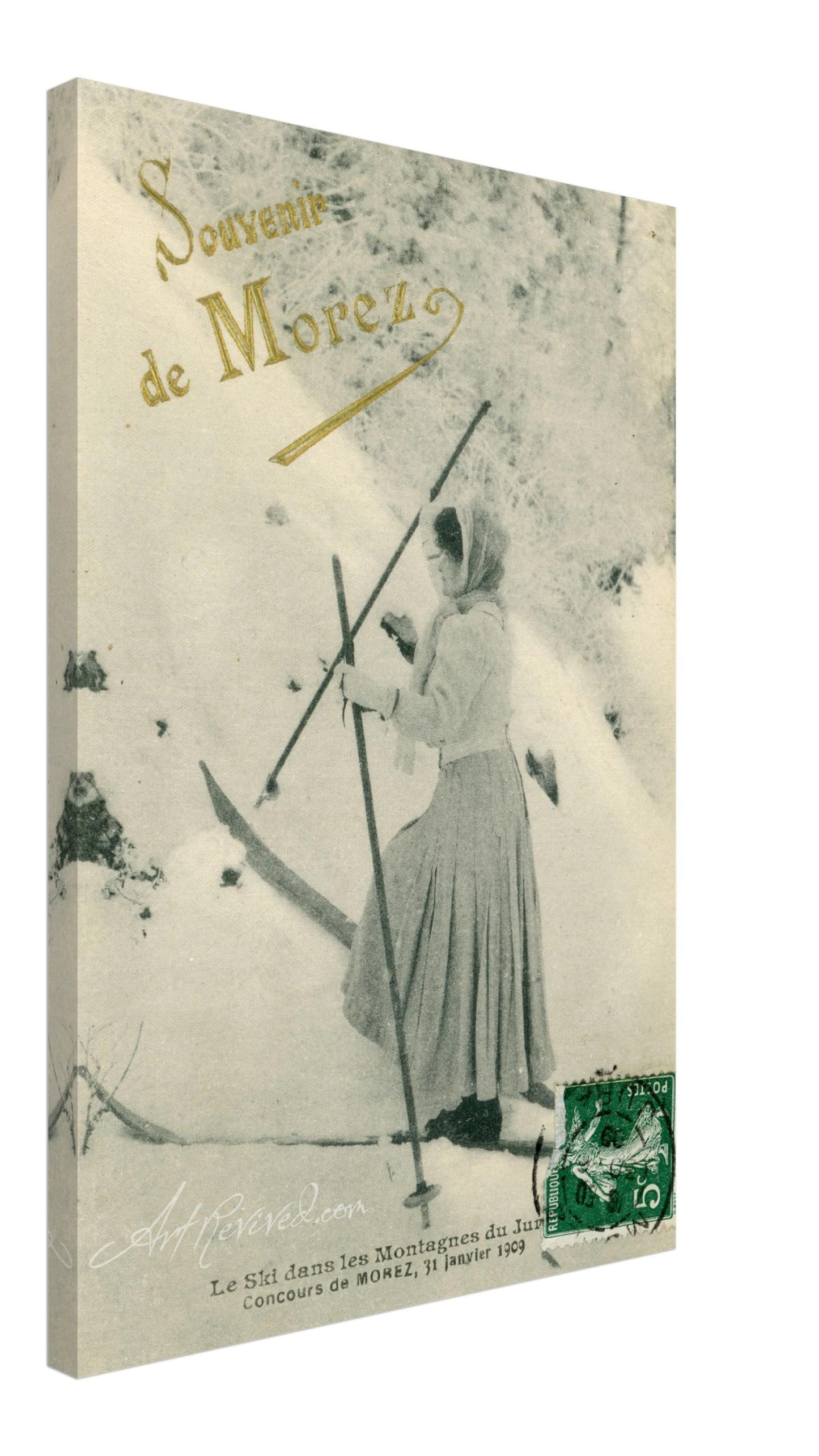 Vintage Souvenir de Morez Woman Skiing Wall Art Canvas (Mailed 05-18-1899)