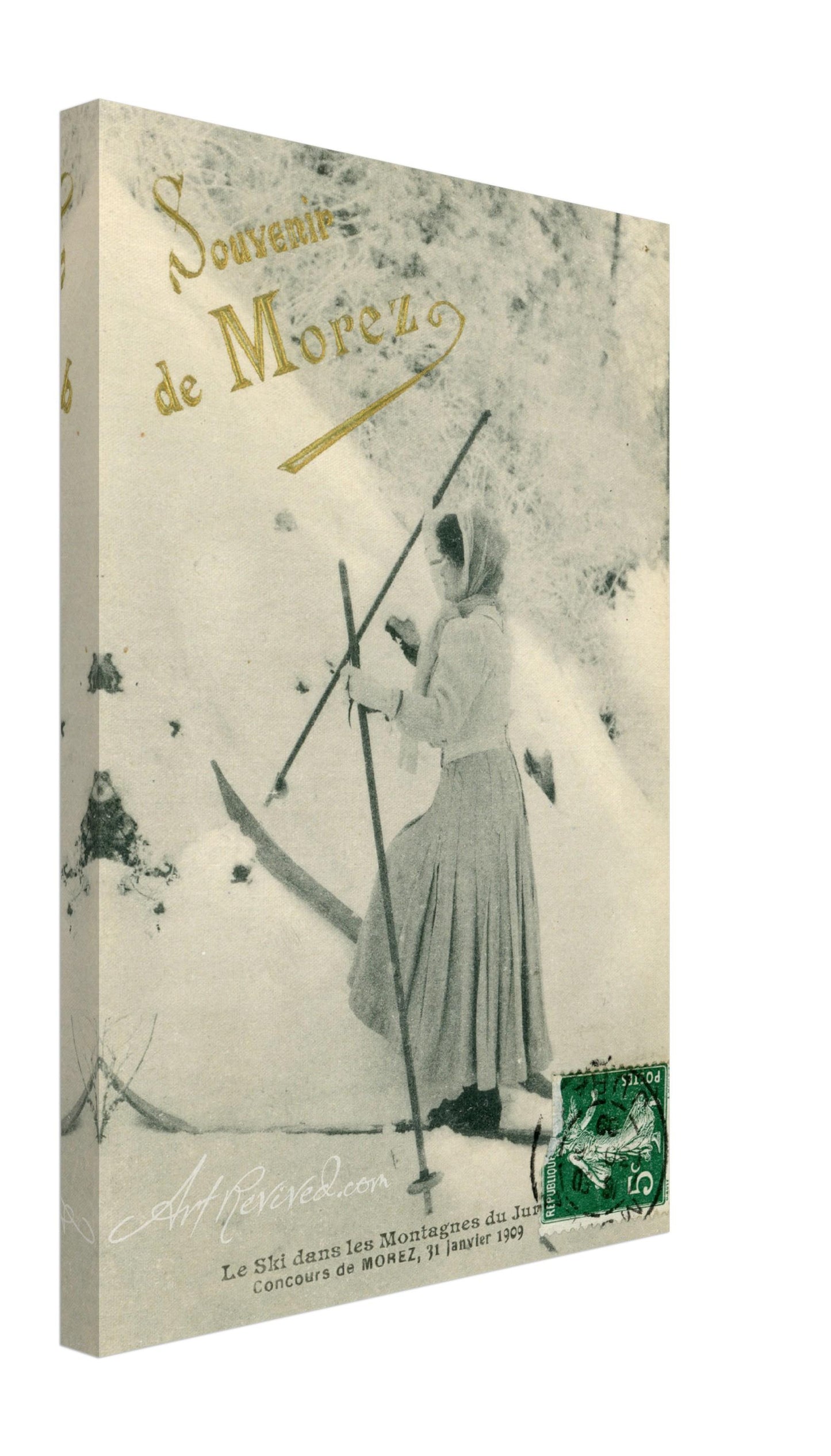 Vintage Souvenir de Morez Woman Skiing Wall Art Canvas (Mailed 05-18-1899)