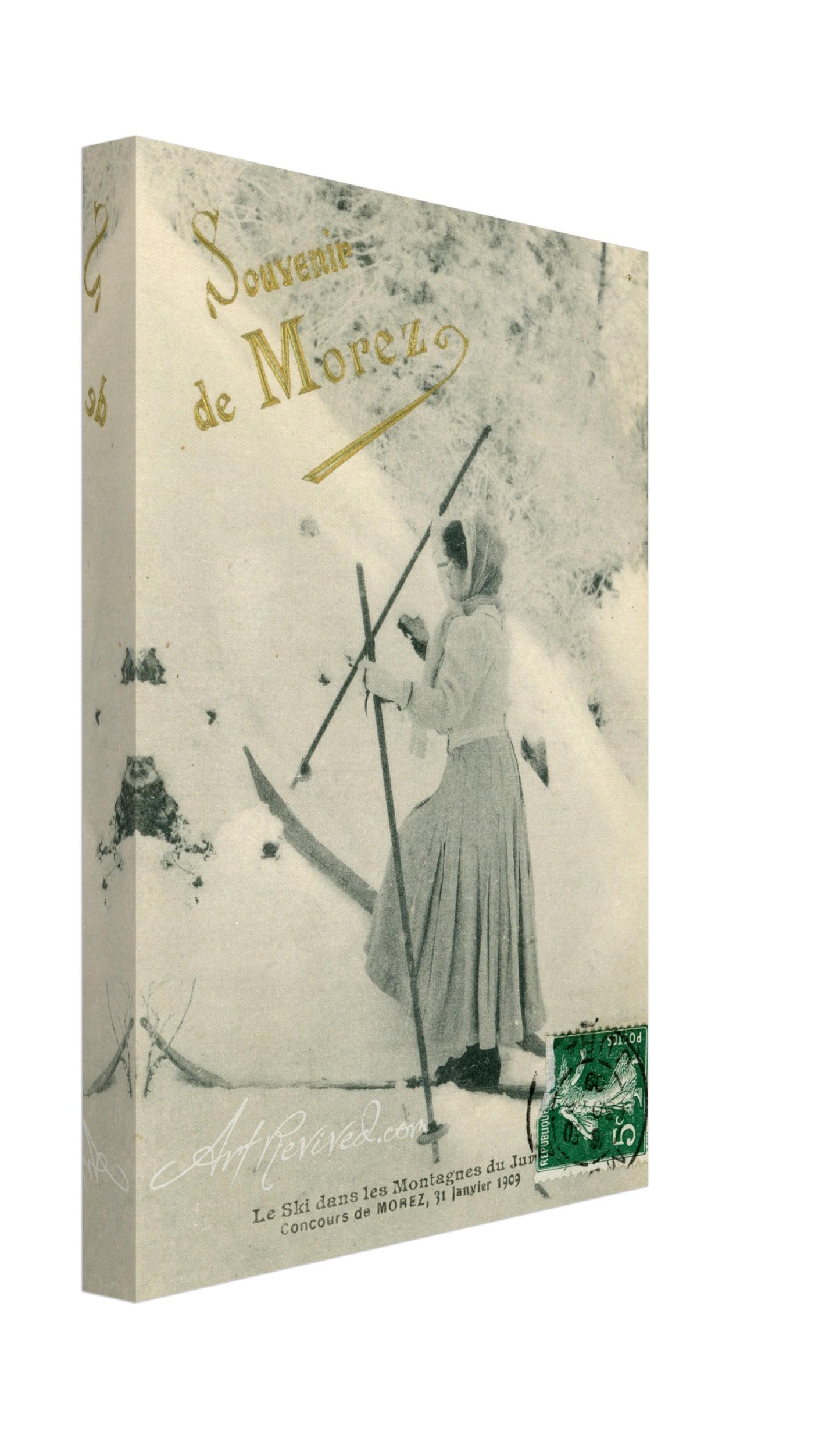 Vintage Souvenir de Morez Woman Skiing Wall Art Canvas (Mailed 05-18-1899)