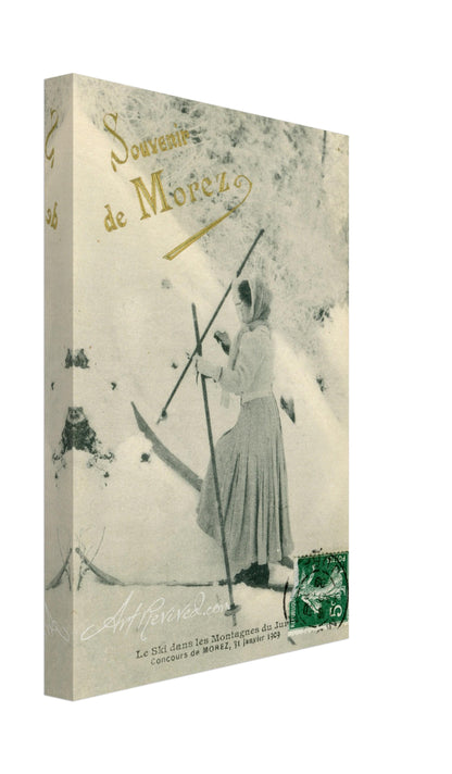 Vintage Souvenir de Morez Woman Skiing Wall Art Canvas (Mailed 05-18-1899)