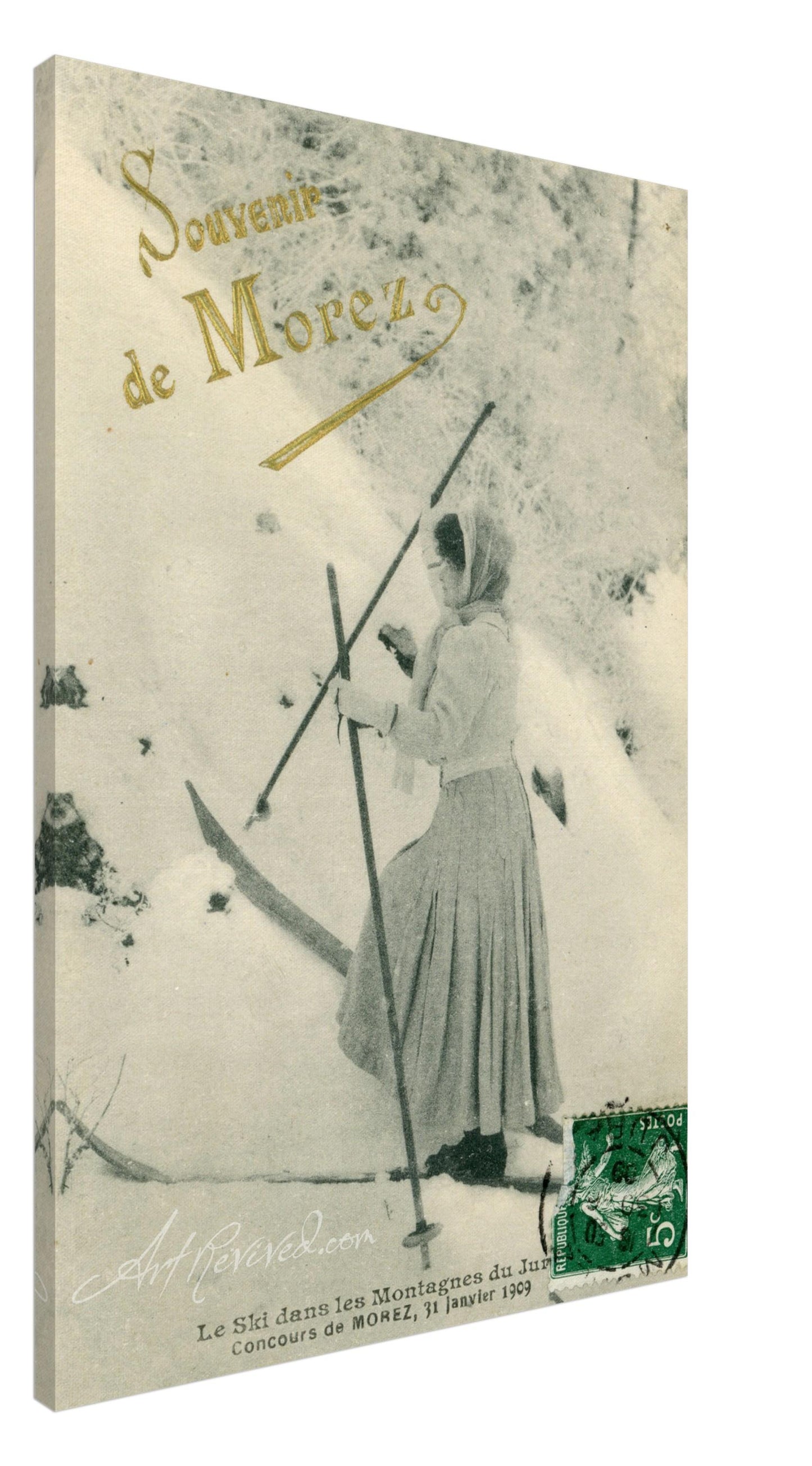 Vintage Souvenir de Morez Woman Skiing Wall Art Canvas (Mailed 05-18-1899)