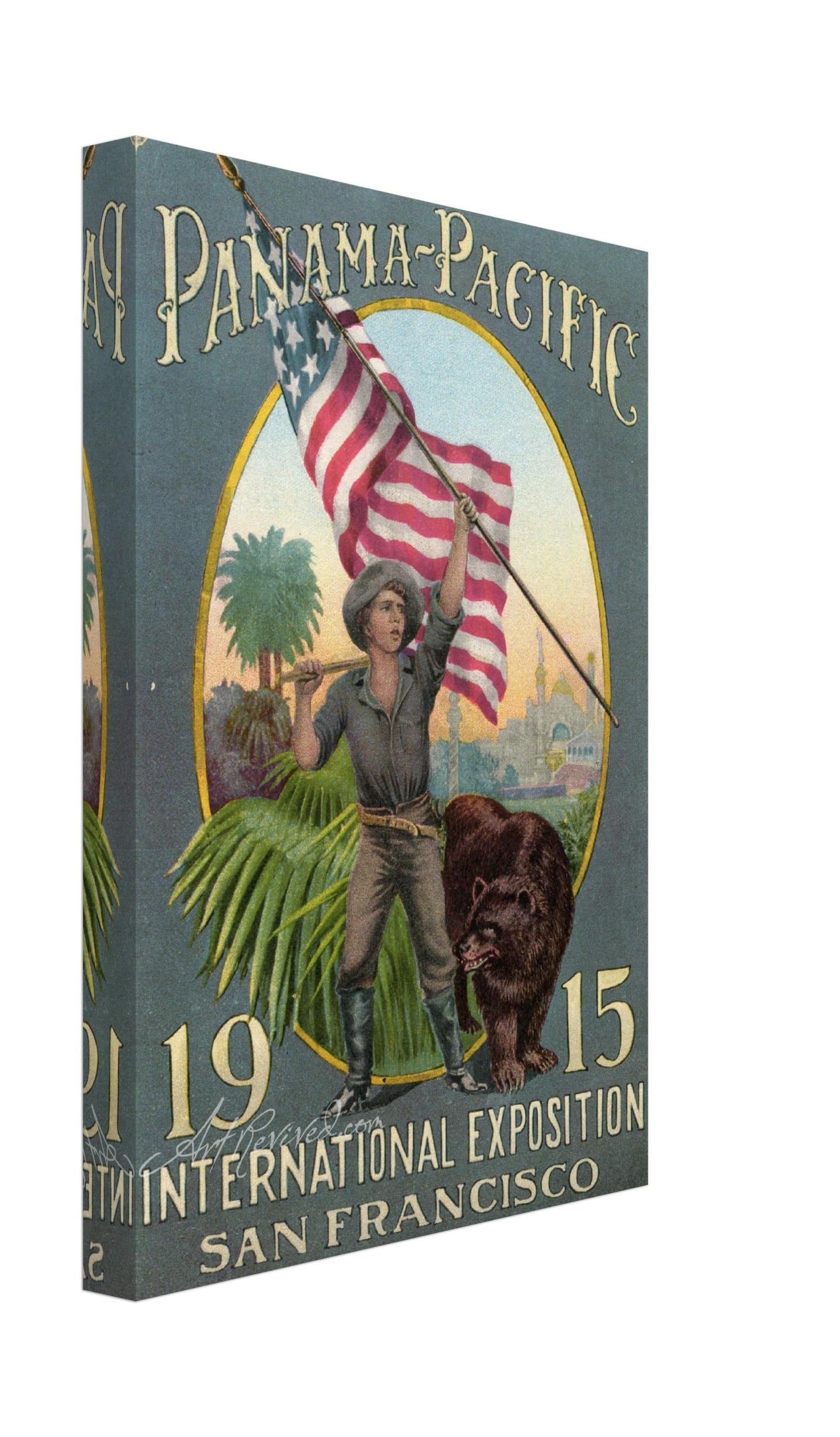 Panama-Pacific Expo 1915 San Francisco Vintage Wall Art Canvas: Man Holding US Flag and Bear (Unused 1915)