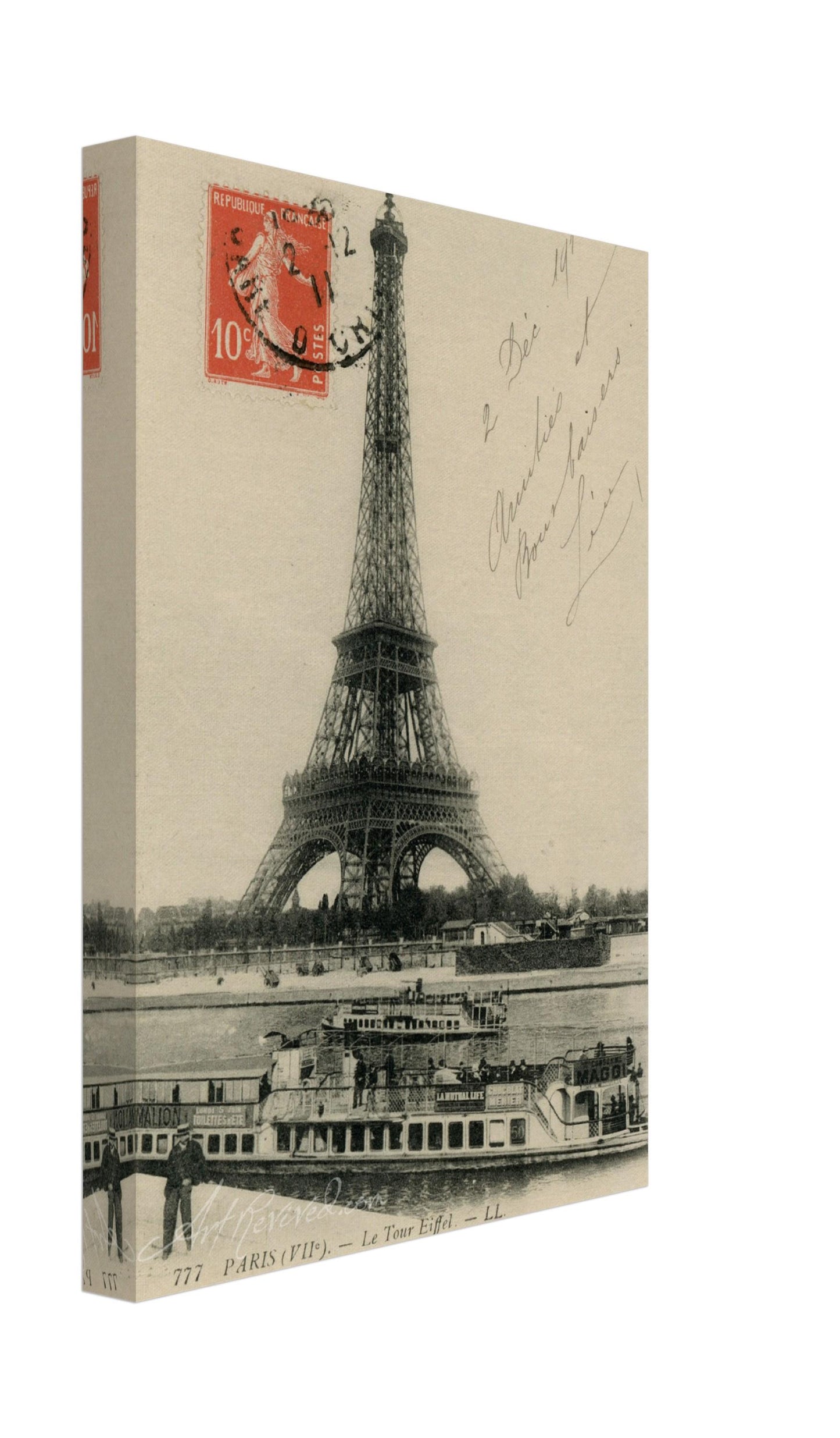 Vintage Eiffel Tower Wall Art Canvas: River Seine & Bateaux-Mouche (12-02-1911)